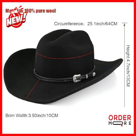 100% Wool Western Cowboy Hat Felt Fedora Adjustable Two Bands - Picture 7 of 8